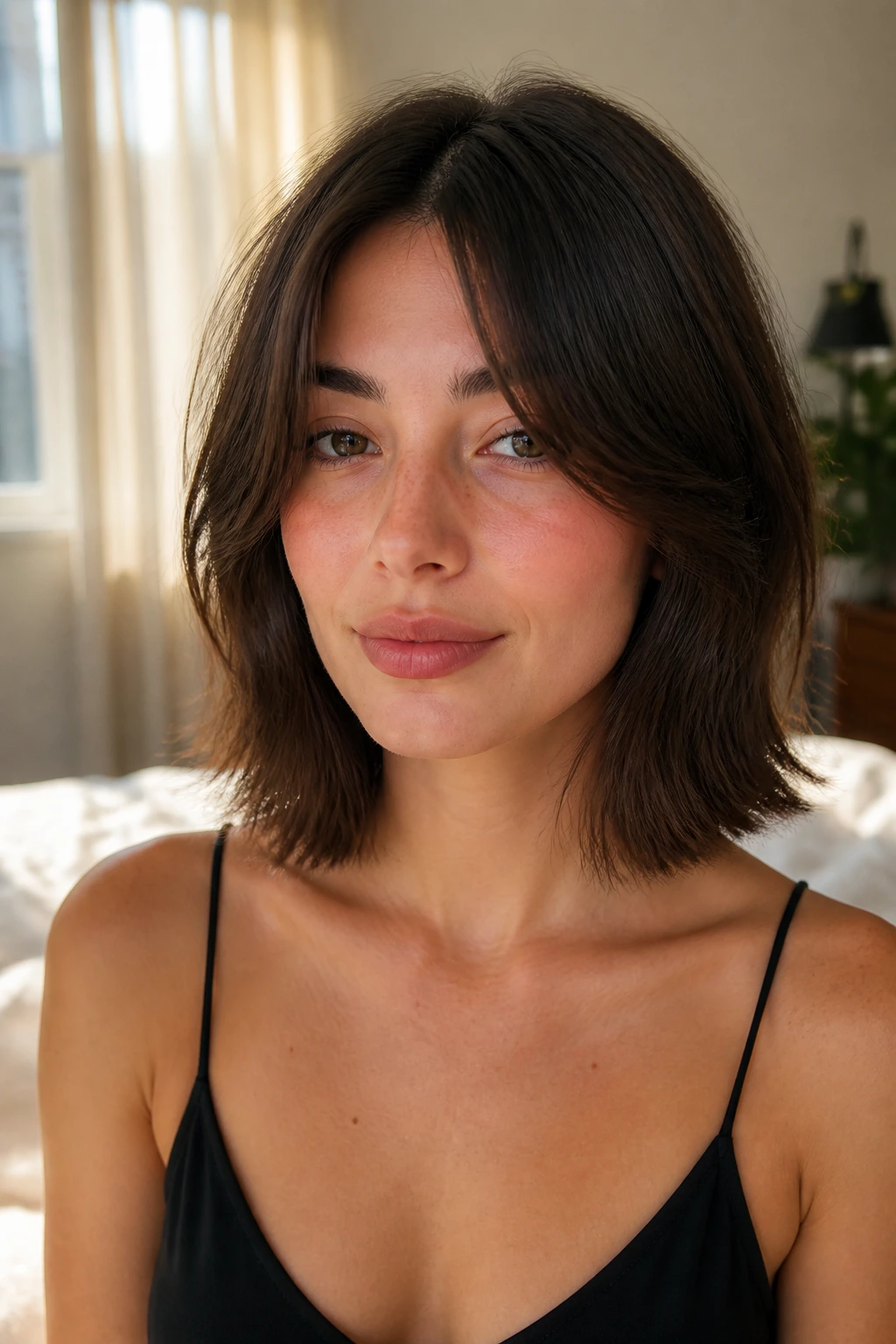 Close-up portrait of a real woman with collarbone-grazing lob and curtain bangs in soft window light