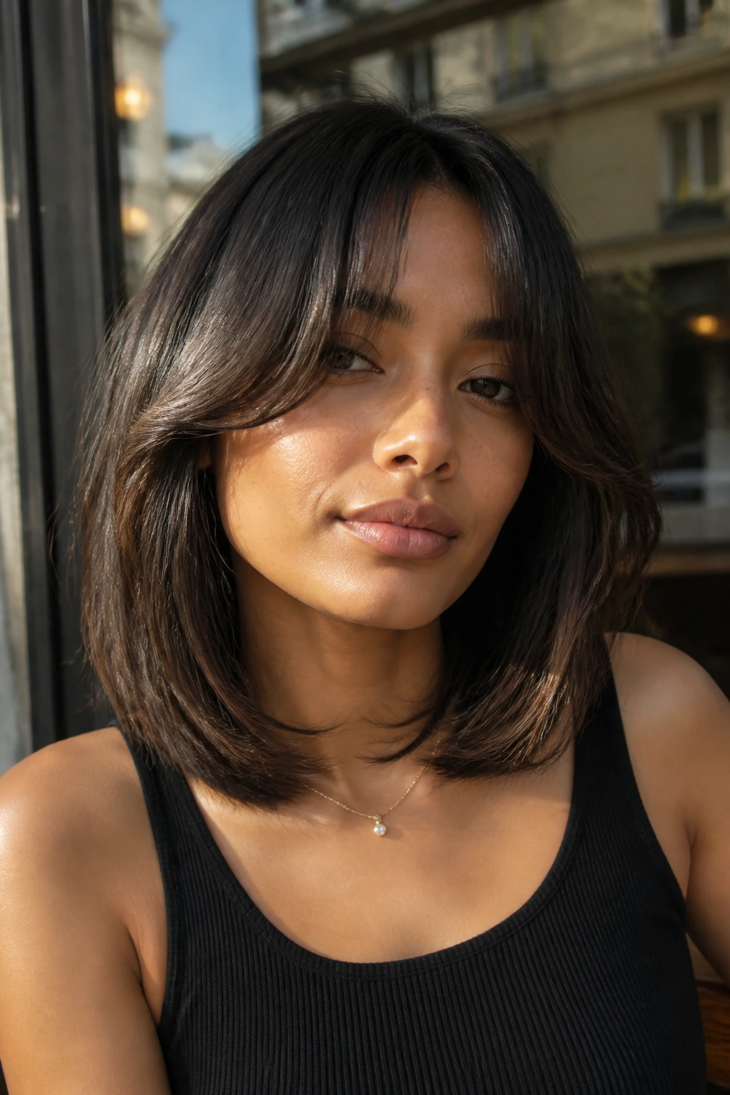 Medium close-up of collarbone-grazing lob with curtain bangs in cafe window light