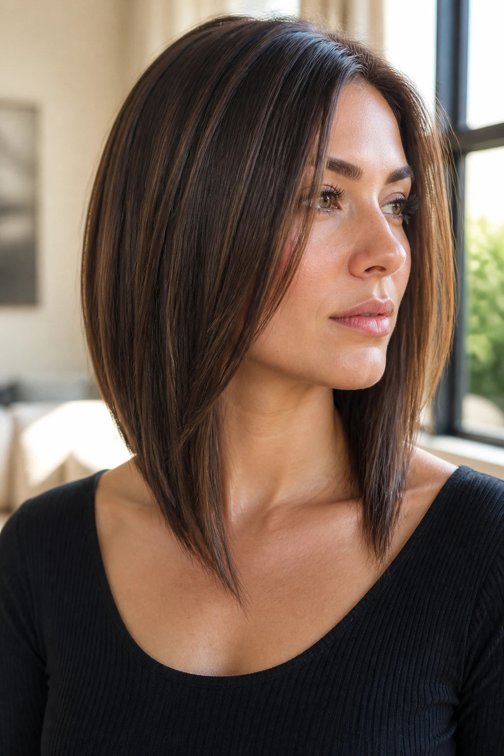 Real woman with collarbone-grazing lob front pieces in a bright window-lit room
