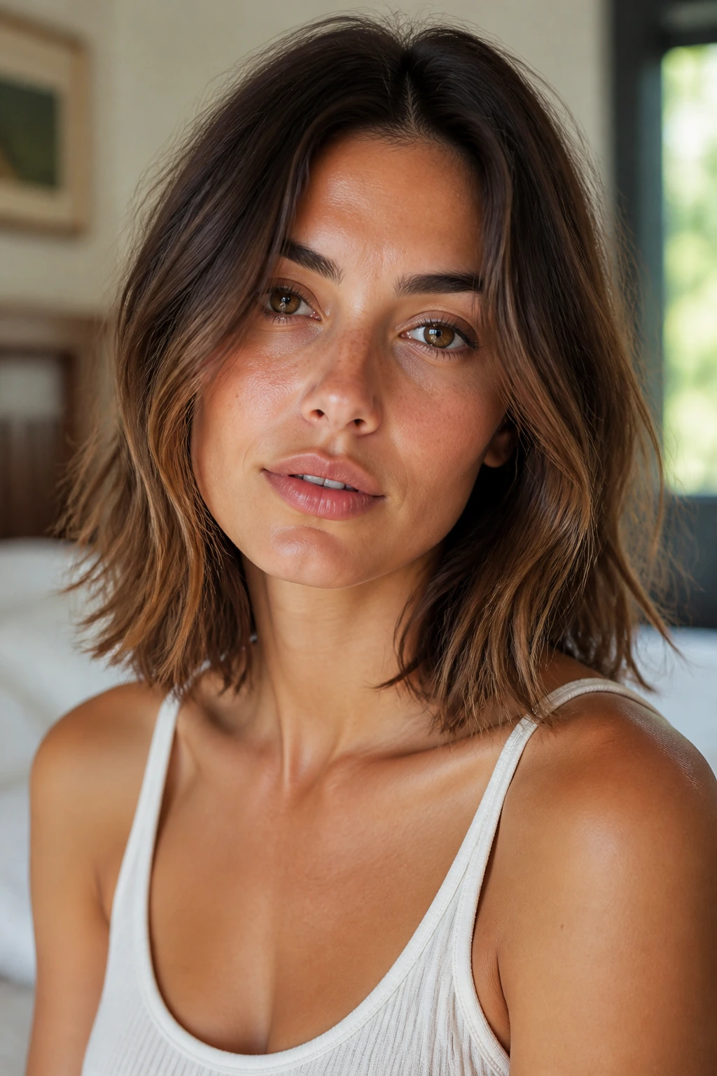 Close-up portrait of a real person with a collarbone-length lob under soft window light