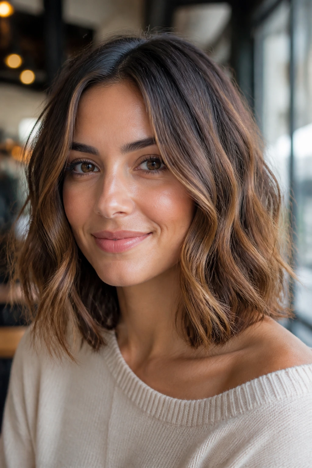 Close-up of a real woman with a collarbone-grazing wavy lob in soft light