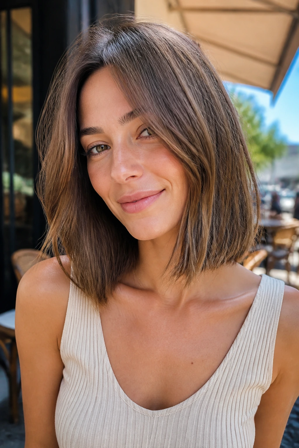 Close-up of a woman with a collarbone-grazing long bob in a sunny outdoor cafe.