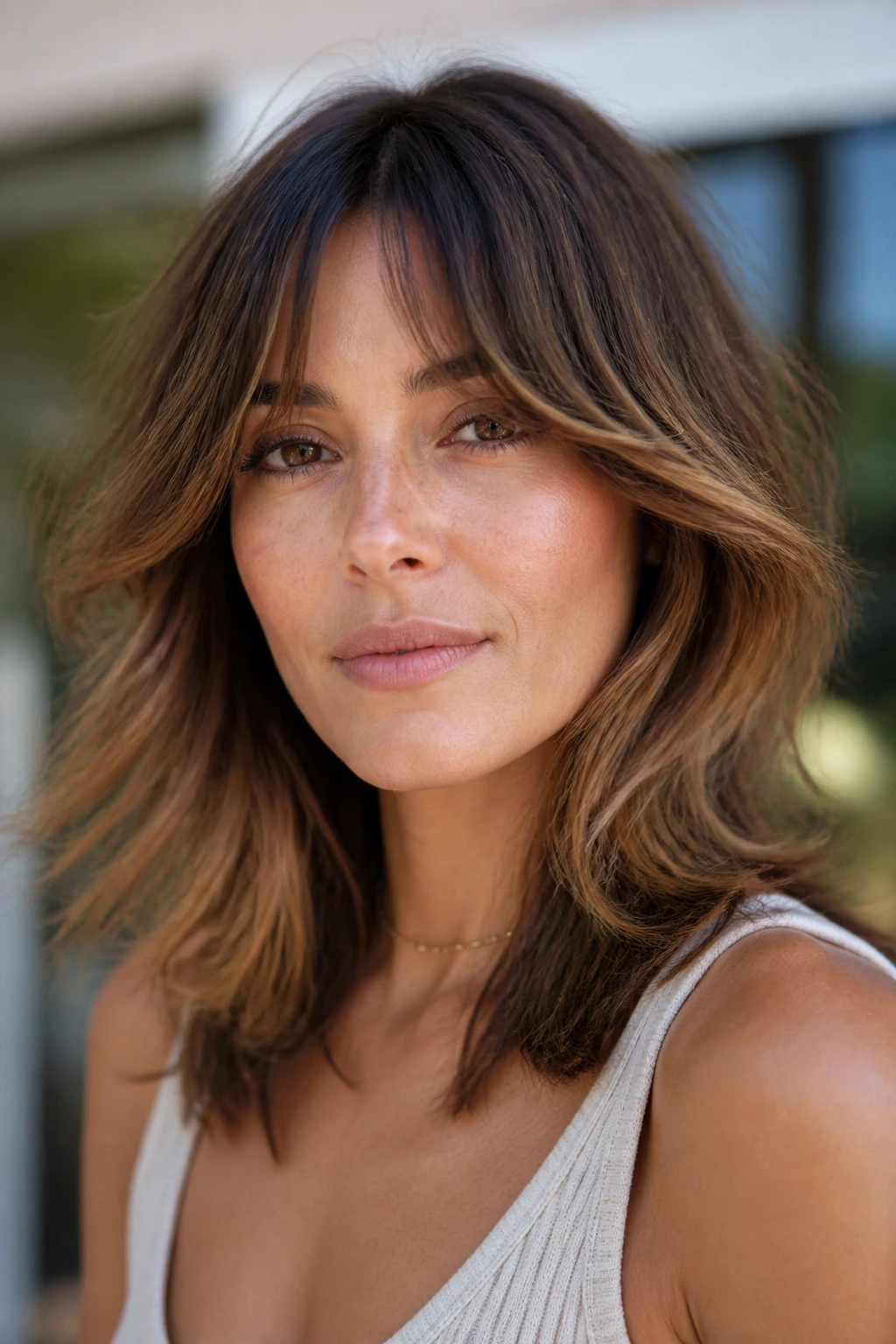 Real woman with messy layered collarbone-length hair and bottleneck bangs in a beachy setting
