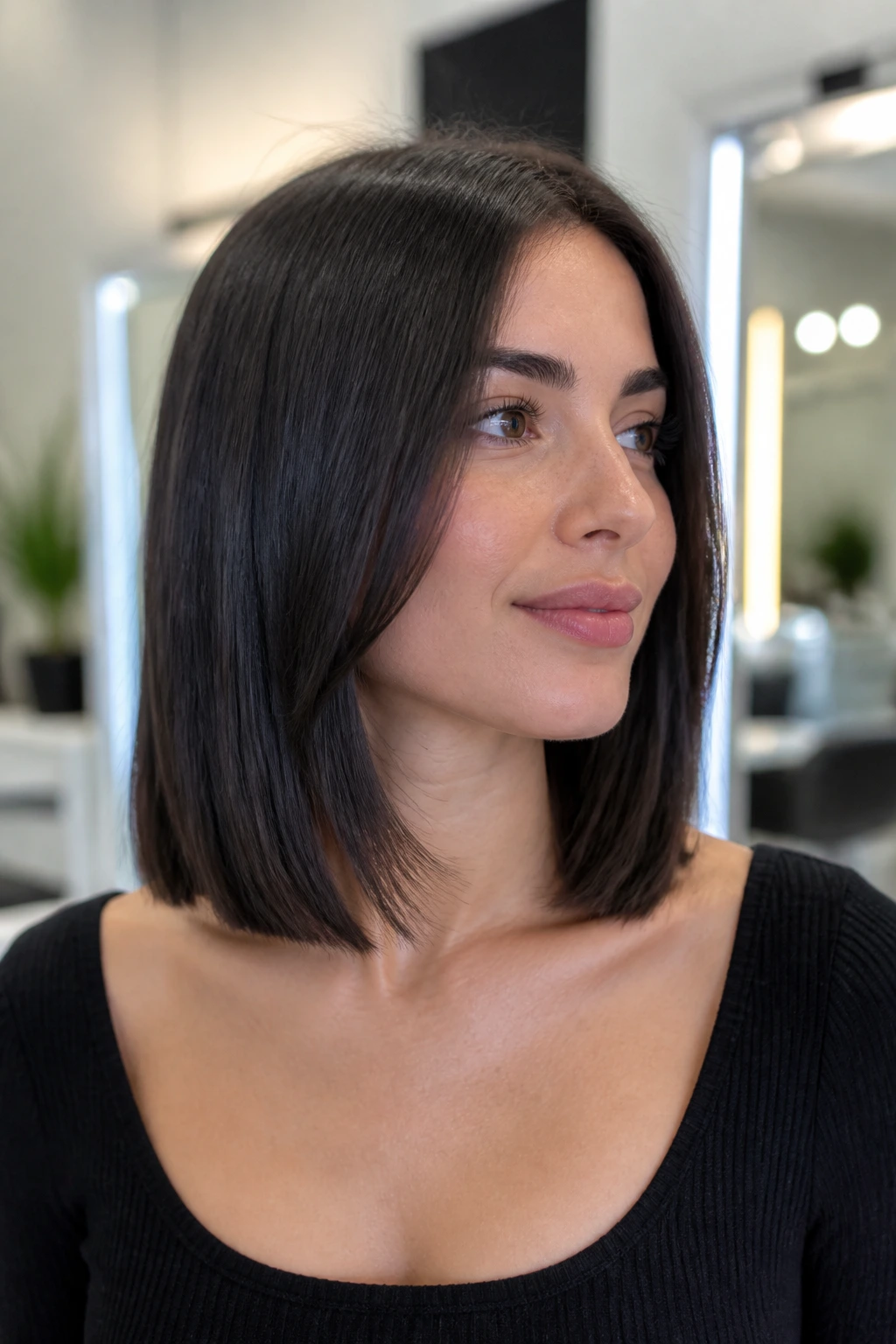 Portrait of a real woman with sleek collarbone-length hair with hidden layers.