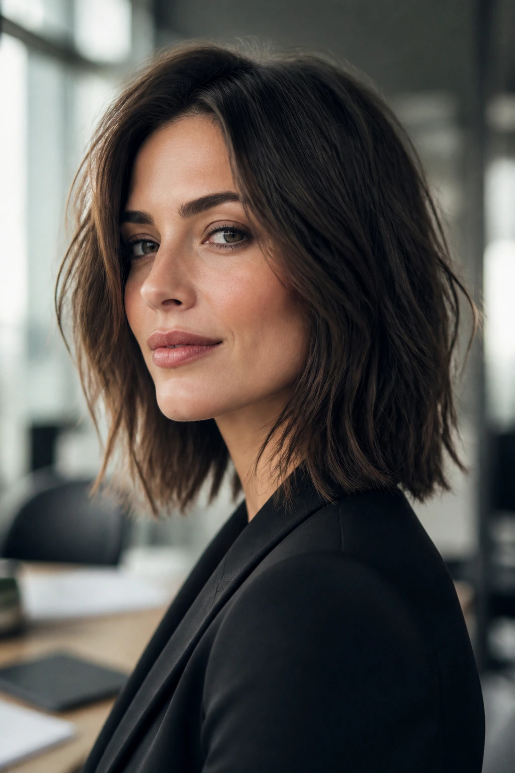 Portrait of a woman with a choppy collarbone-length lob in office lighting.