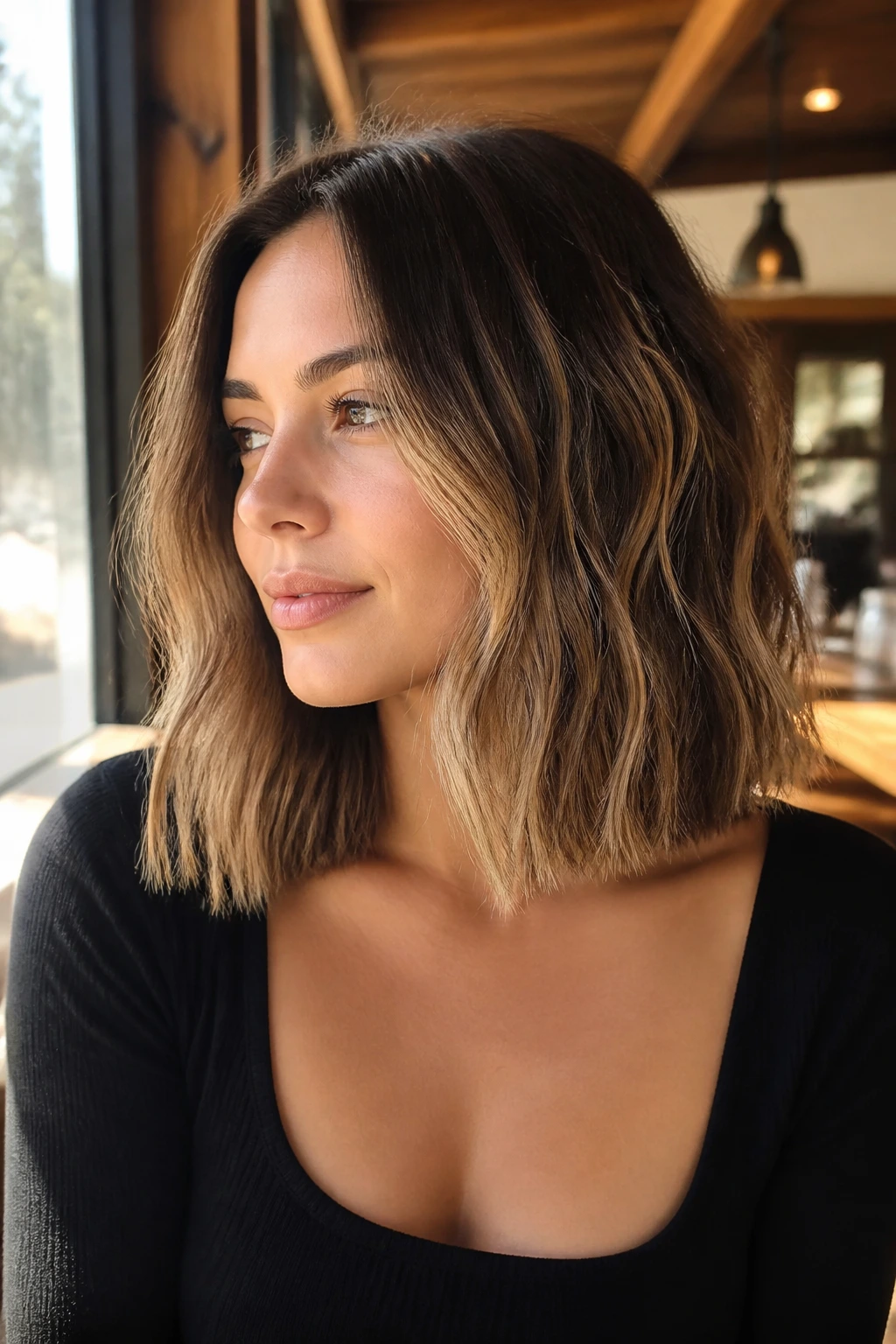Medium close-up portrait of a real person with a blunt collarbone-length lob and loose waves in a sunlit cafe setting.