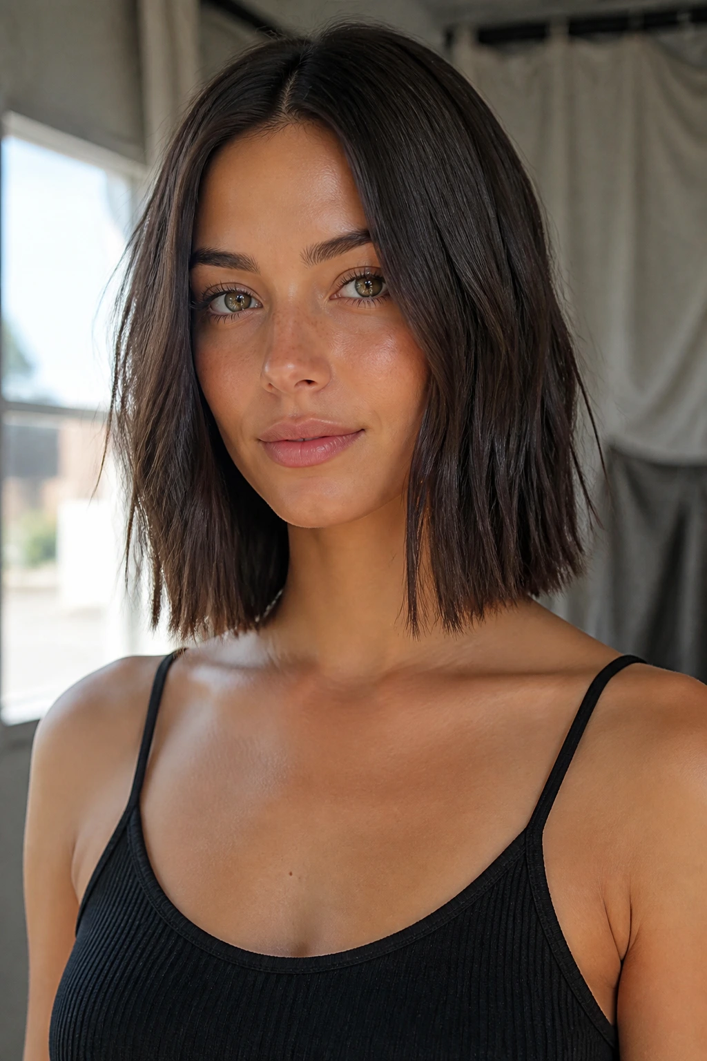 Portrait of a person with a blunt collarbone-length lob, hair resting at the clavicles.
