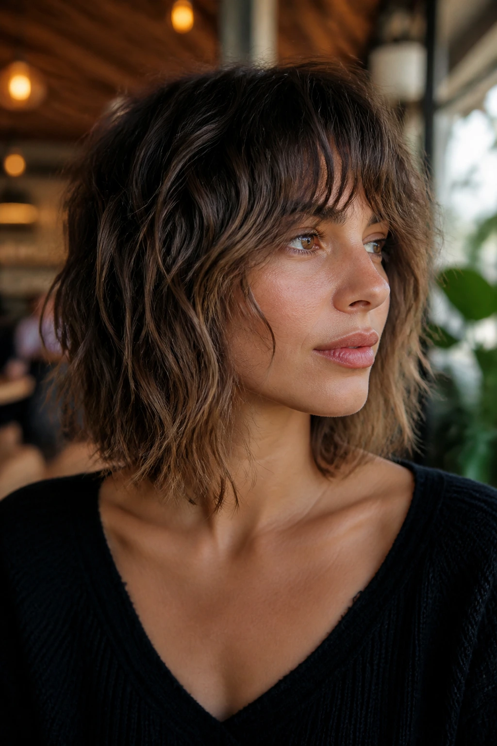 Close-up of a real woman with collarbone-length shattered shag in a cafe