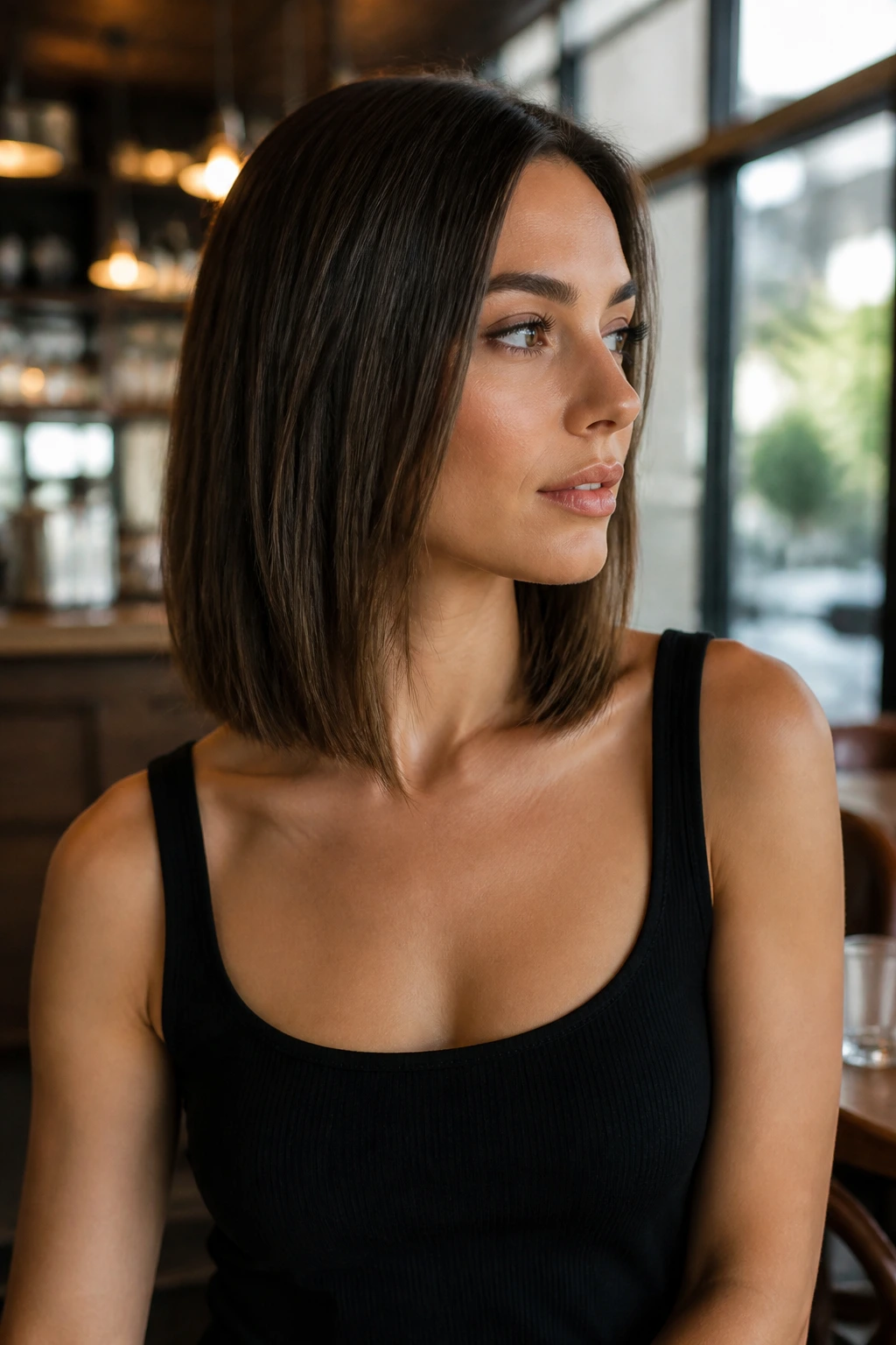 Close-up of a real woman with a collarbone-length sleek lob in cafe window light.