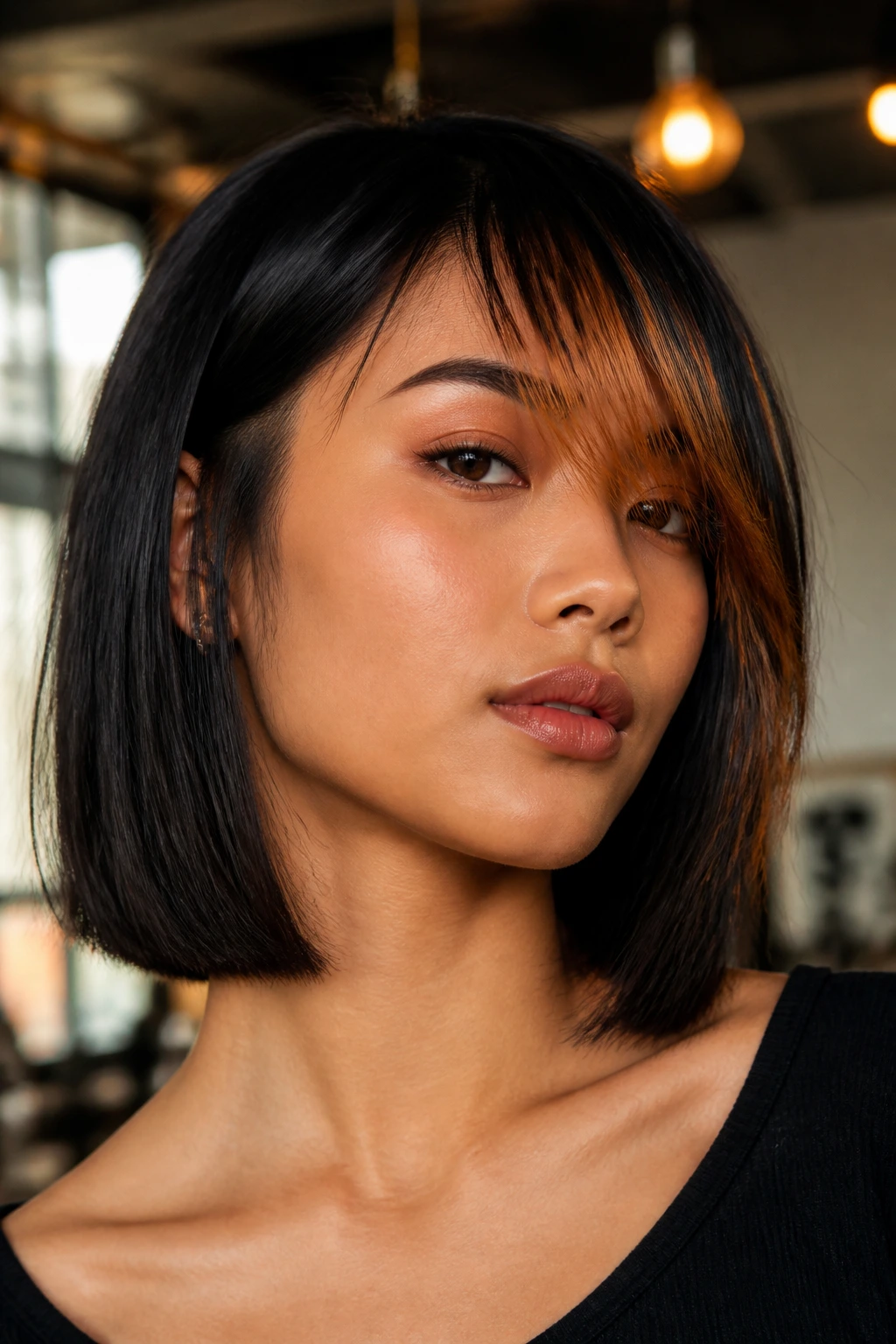 Portrait of a person with blunt collarbone lob and asymmetrical burnt-sienna bangs.