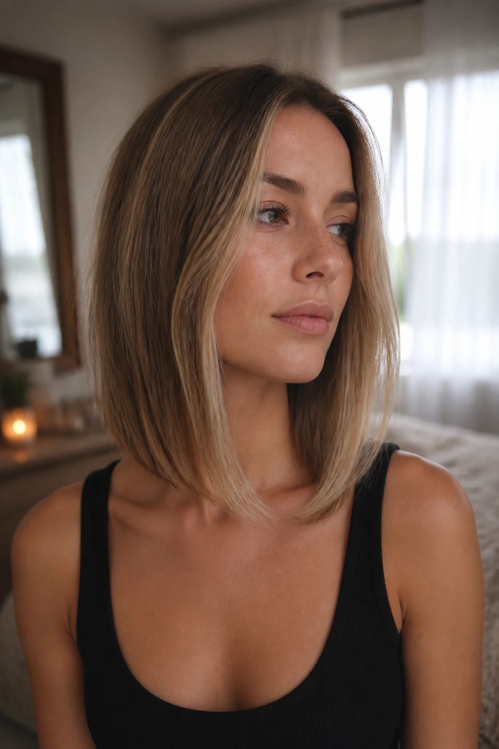 Close-up of collarbone-length front lob on a real woman in soft window light