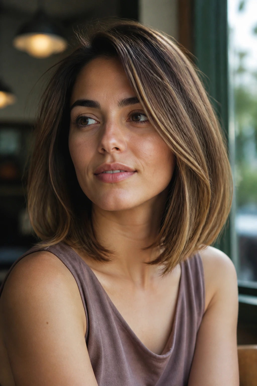 Real person with collarbone-length lob showing internal layers and crown lift.