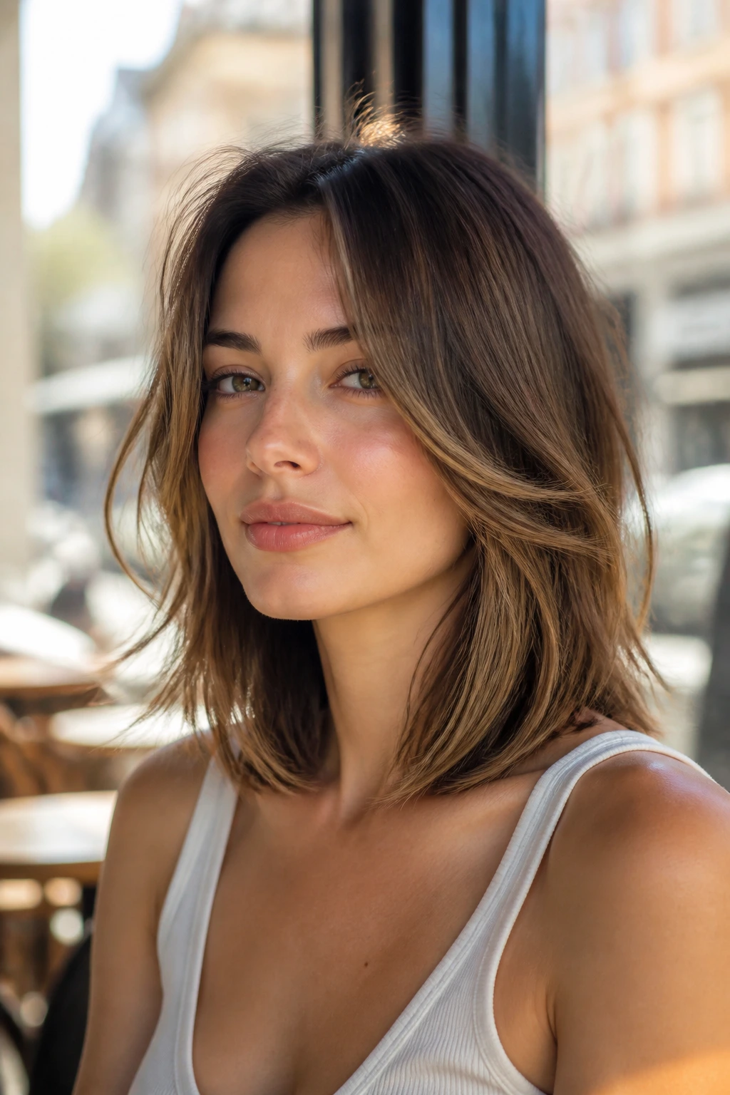 Portrait of a person with collarbone-length lob and face-framing layers in daylight