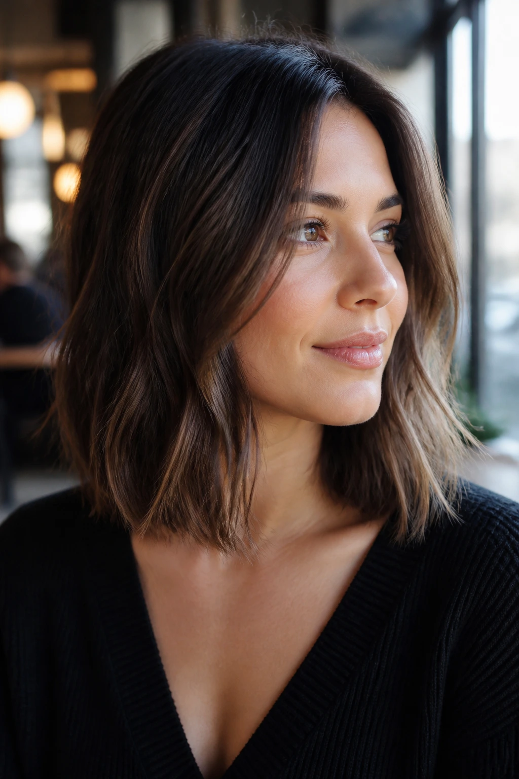 Medium close-up of a woman with a collarbone-length textured lob in cafe light