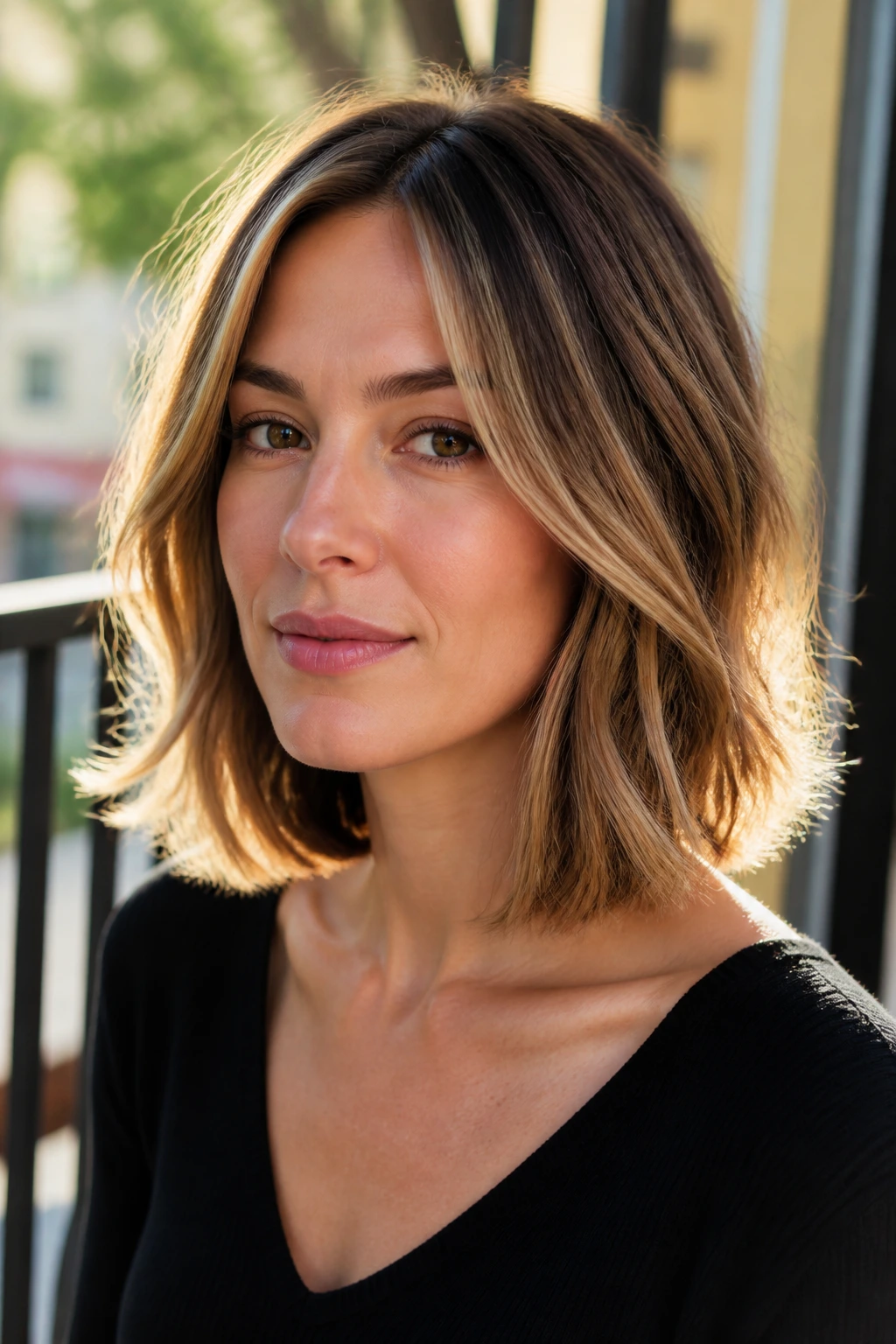 Close-up of a real woman with a collarbone-length lob and outward-flipping ends