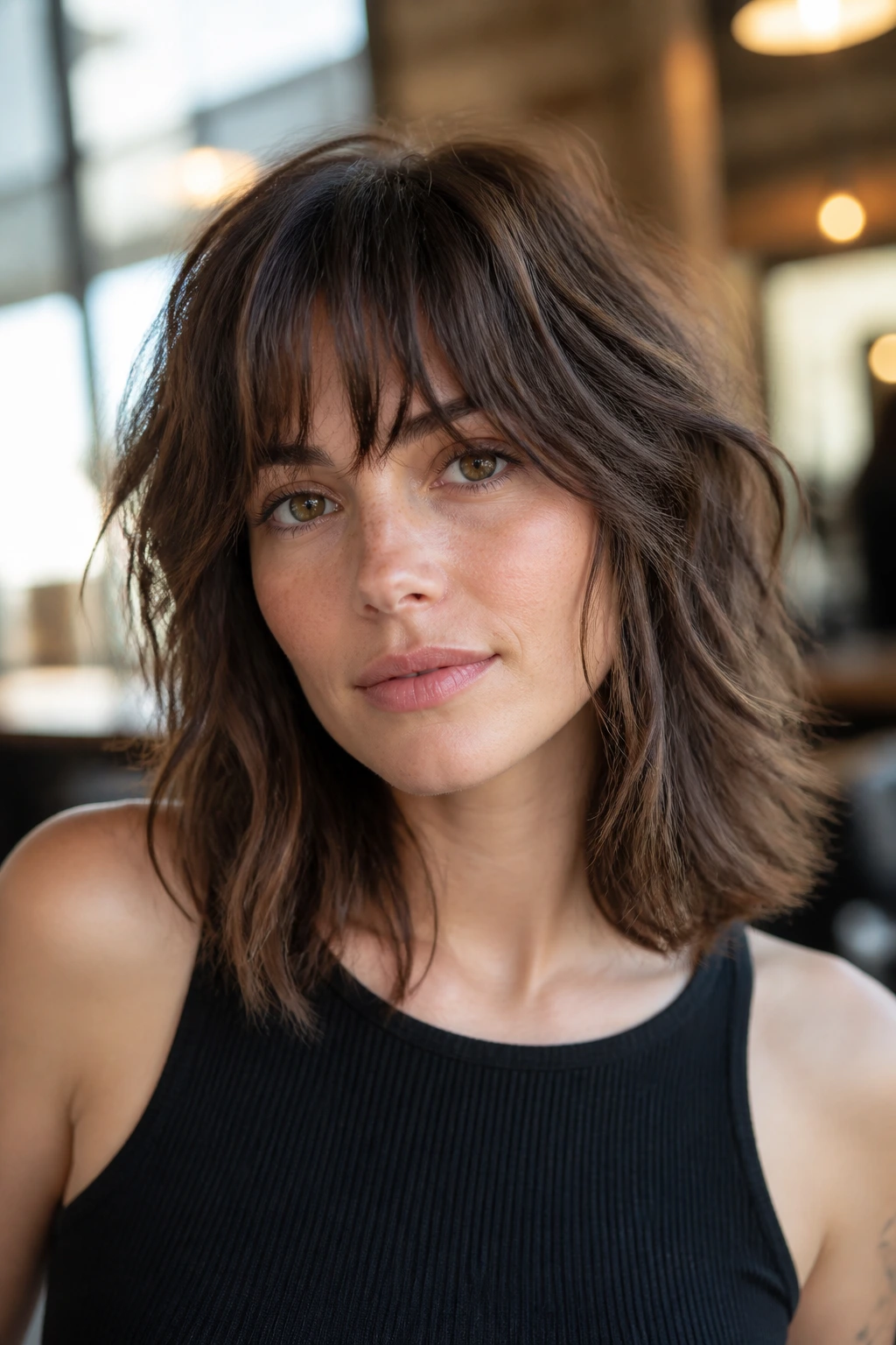 Close-up of a real woman with a collarbone-length shag and piece-y bangs in natural window light