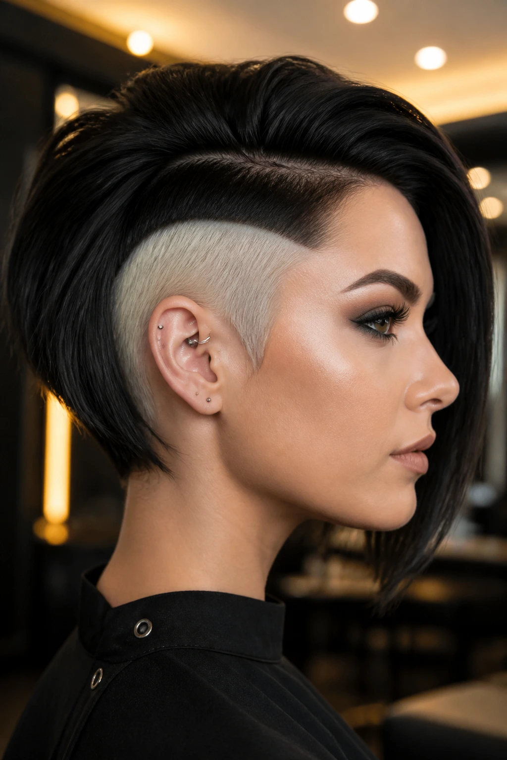 Close-up of a real person with color-block undercut, platinum undercut under jet-black bob.