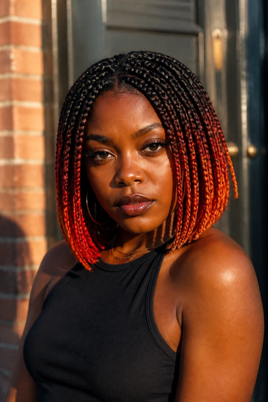 Real person with color-blocked bob braids in an urban doorway during golden hour