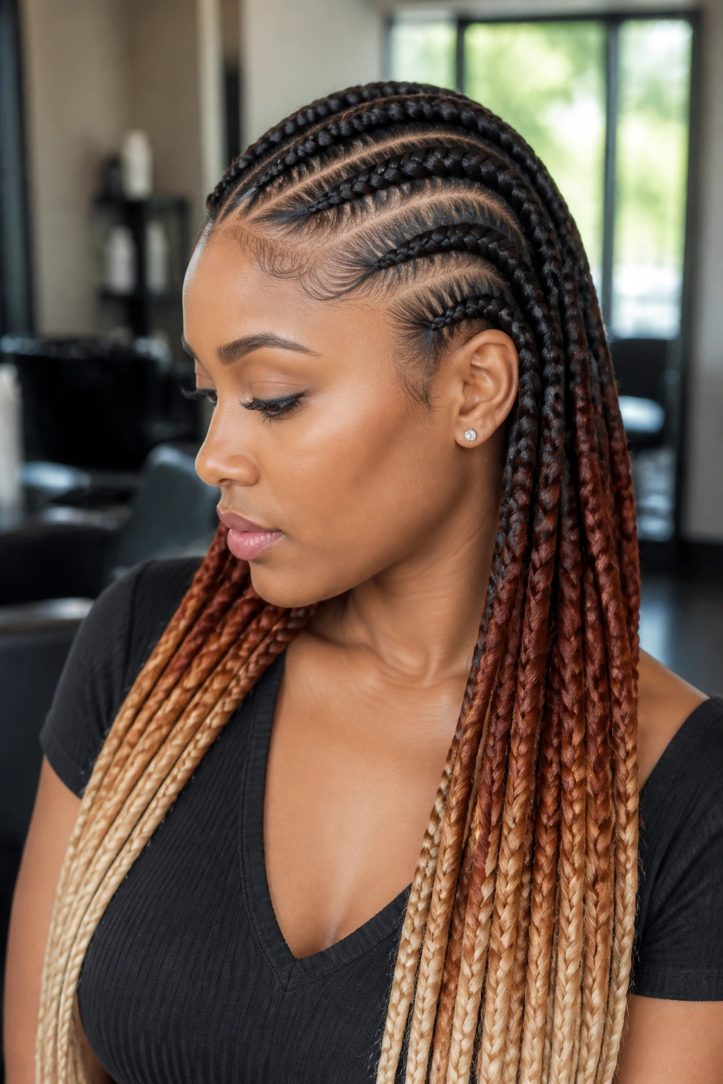 Close-up of color-blocked cornrows on a real person