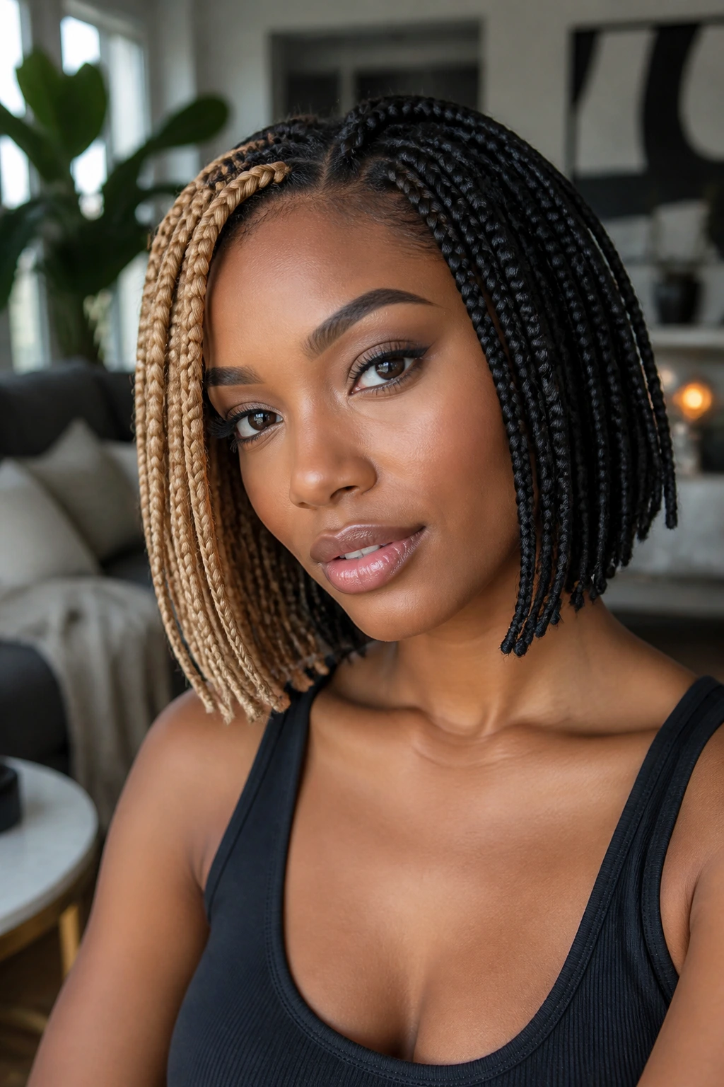 Close-up of a real person with color-blocked bob braids showing bold color contrast.
