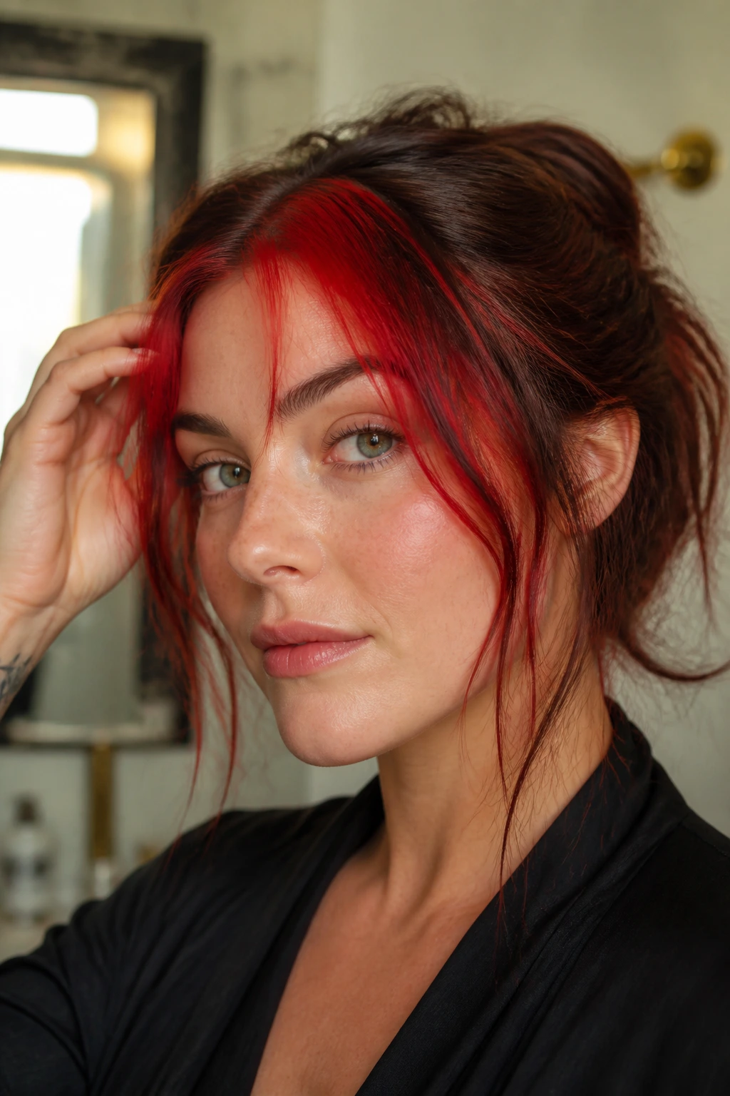 Close-up of a real person with red halo hair in a bathroom applying color-safe care