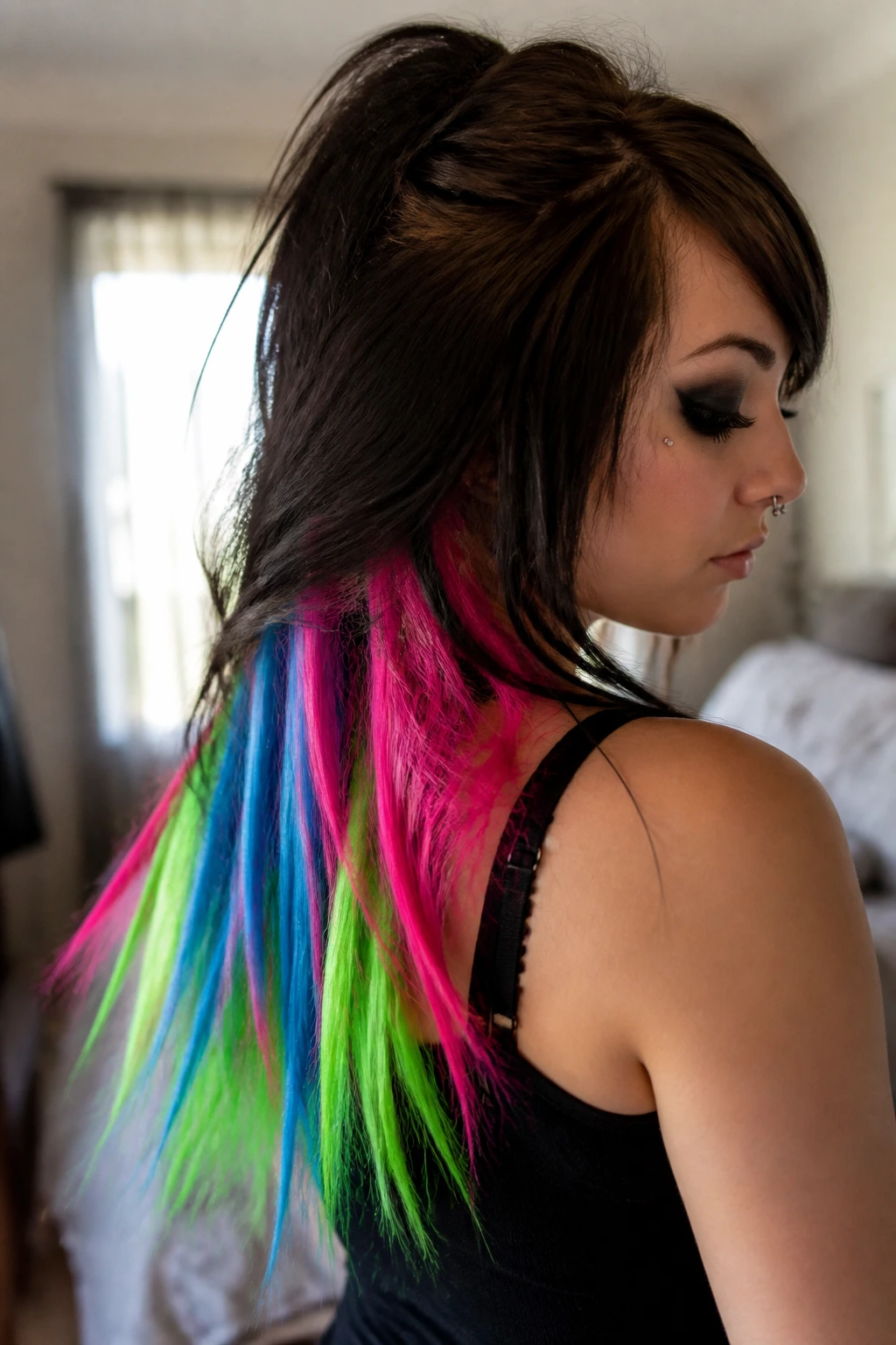 Close-up of a real woman with colorful clip-in extensions adding bulk at the nape
