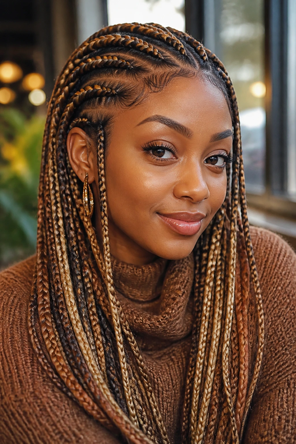 Portrait of a real woman with Ghana braids featuring honey blonde extensions.