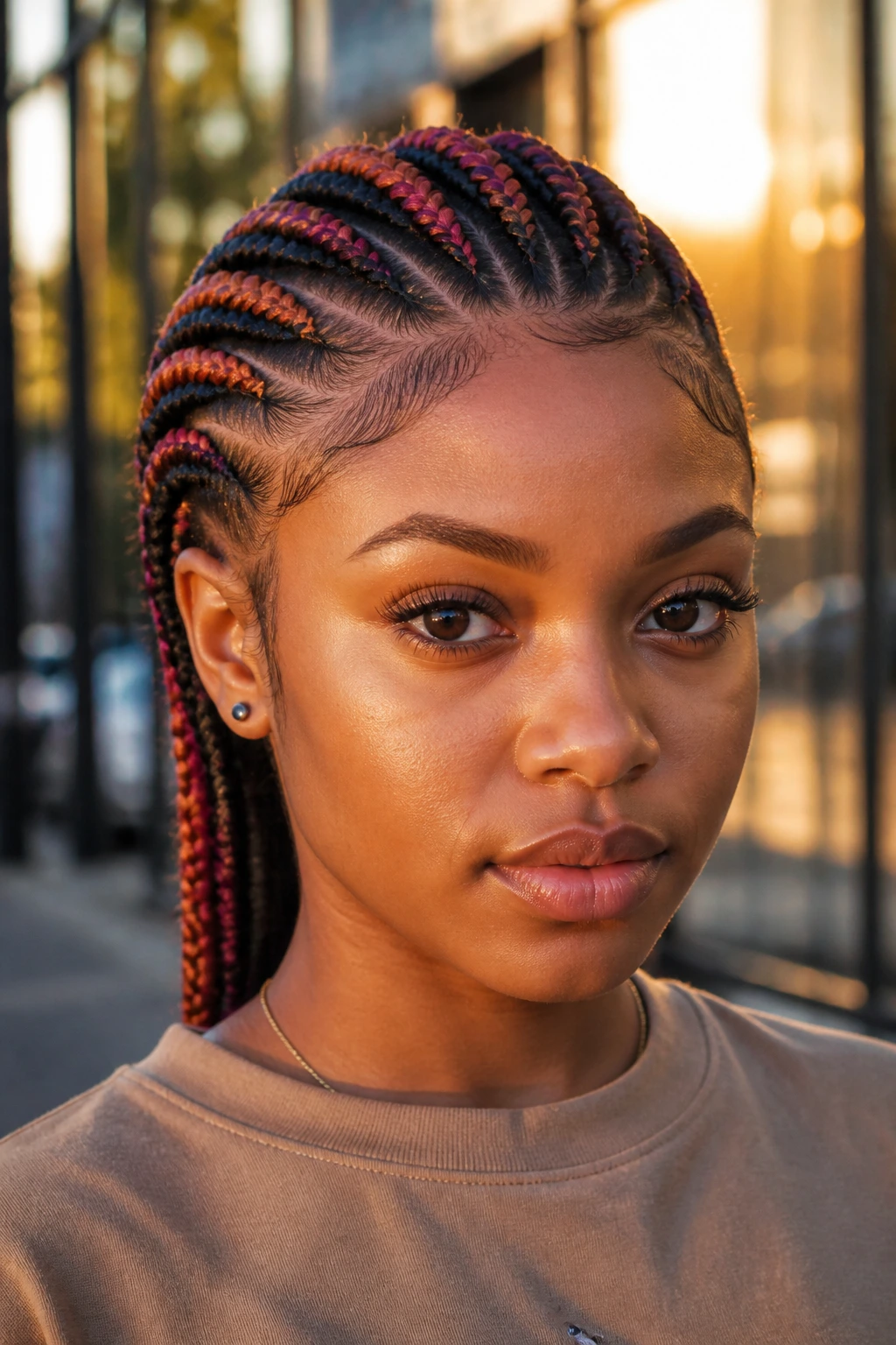 Close-up of a real woman with colorful Ghana braids on an urban street at golden hour