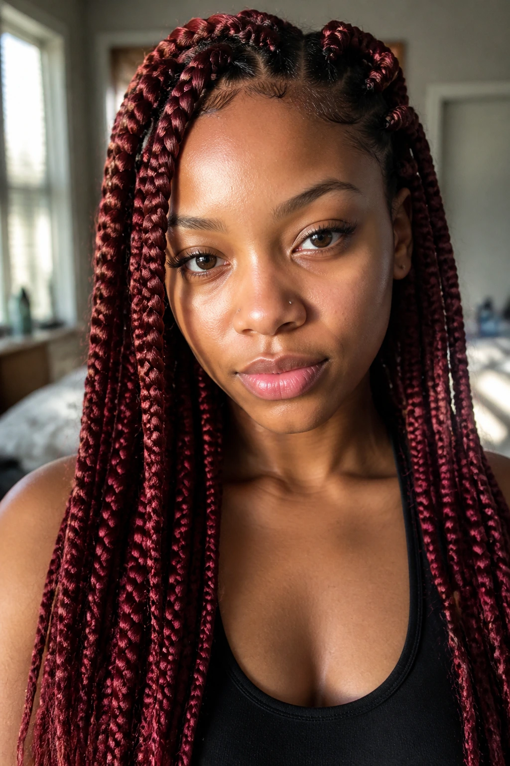 Close-up of a real woman with red colored Ghana braids