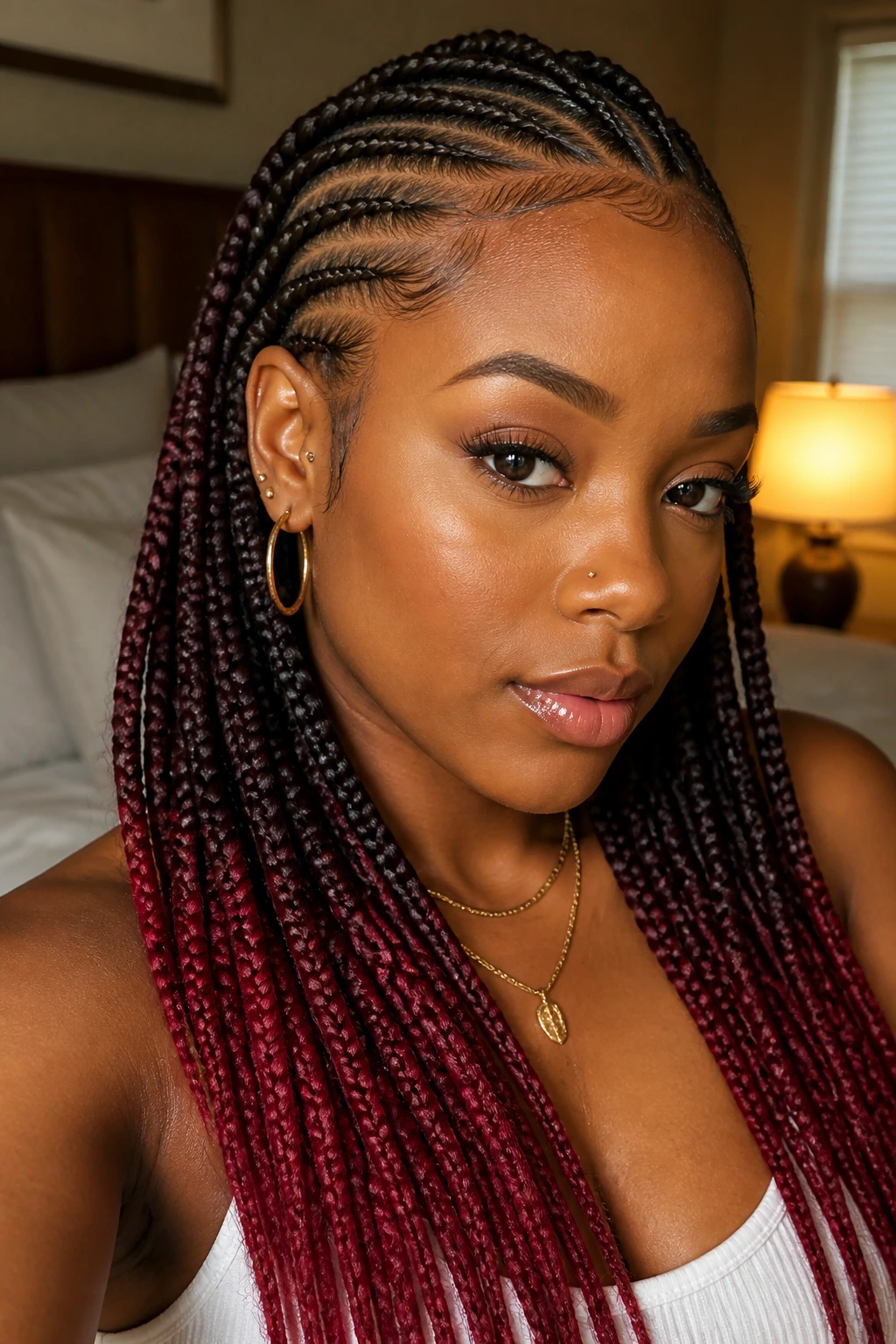 Close-up of a real woman with burgundy-tipped cornrows in a softly lit bedroom