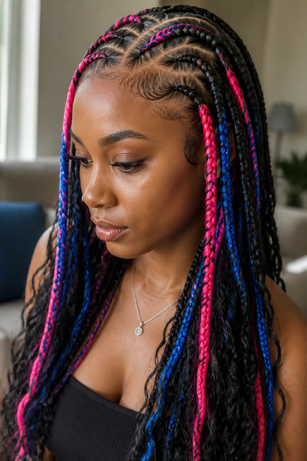Close-up of a real woman with braids featuring neon color accents