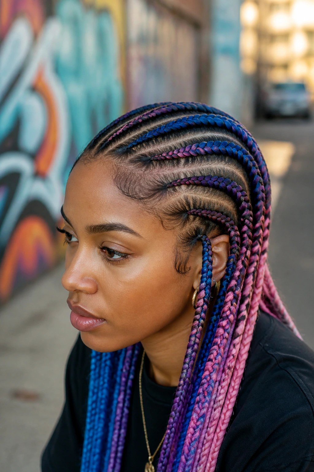 Close-up of a real person with colorful cornrow extensions in bright hues.