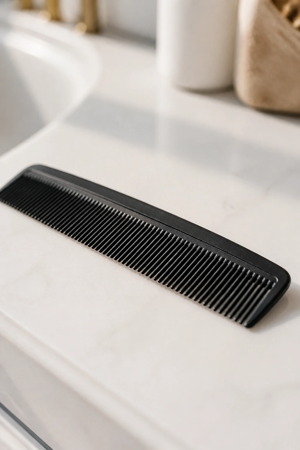 Close-up of a fine-tooth comb on a clean bathroom counter