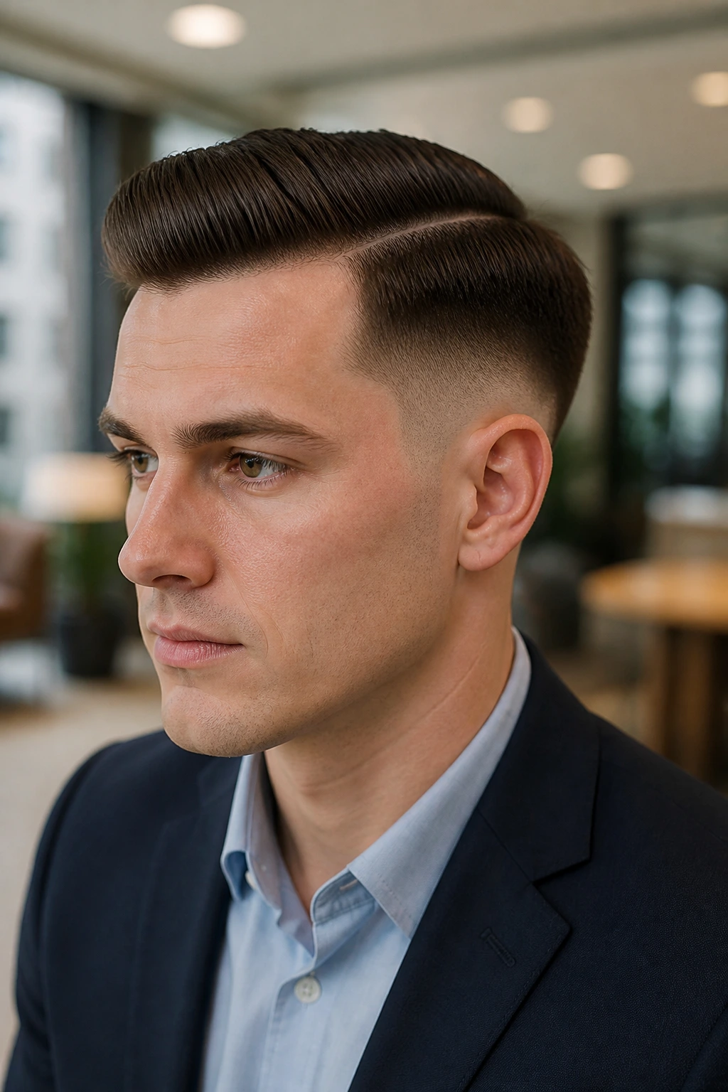Close-up of a real person with a comb-over undercut and tapered sides.