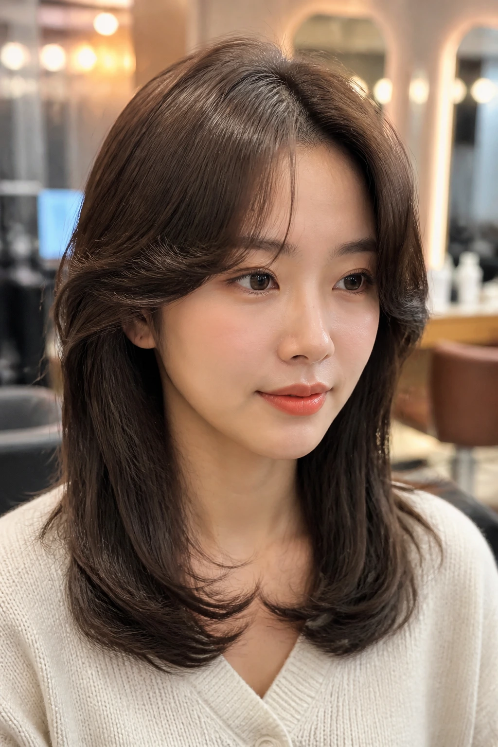 Close-up of textured commando bangs on a real woman with inward-curved shape.