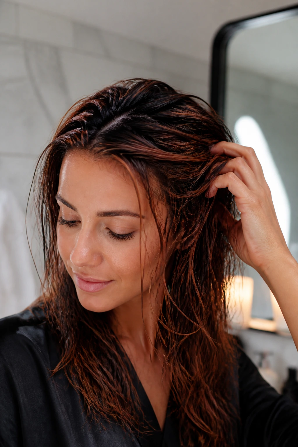 Close-up of a real person with damp hair ready for first color application