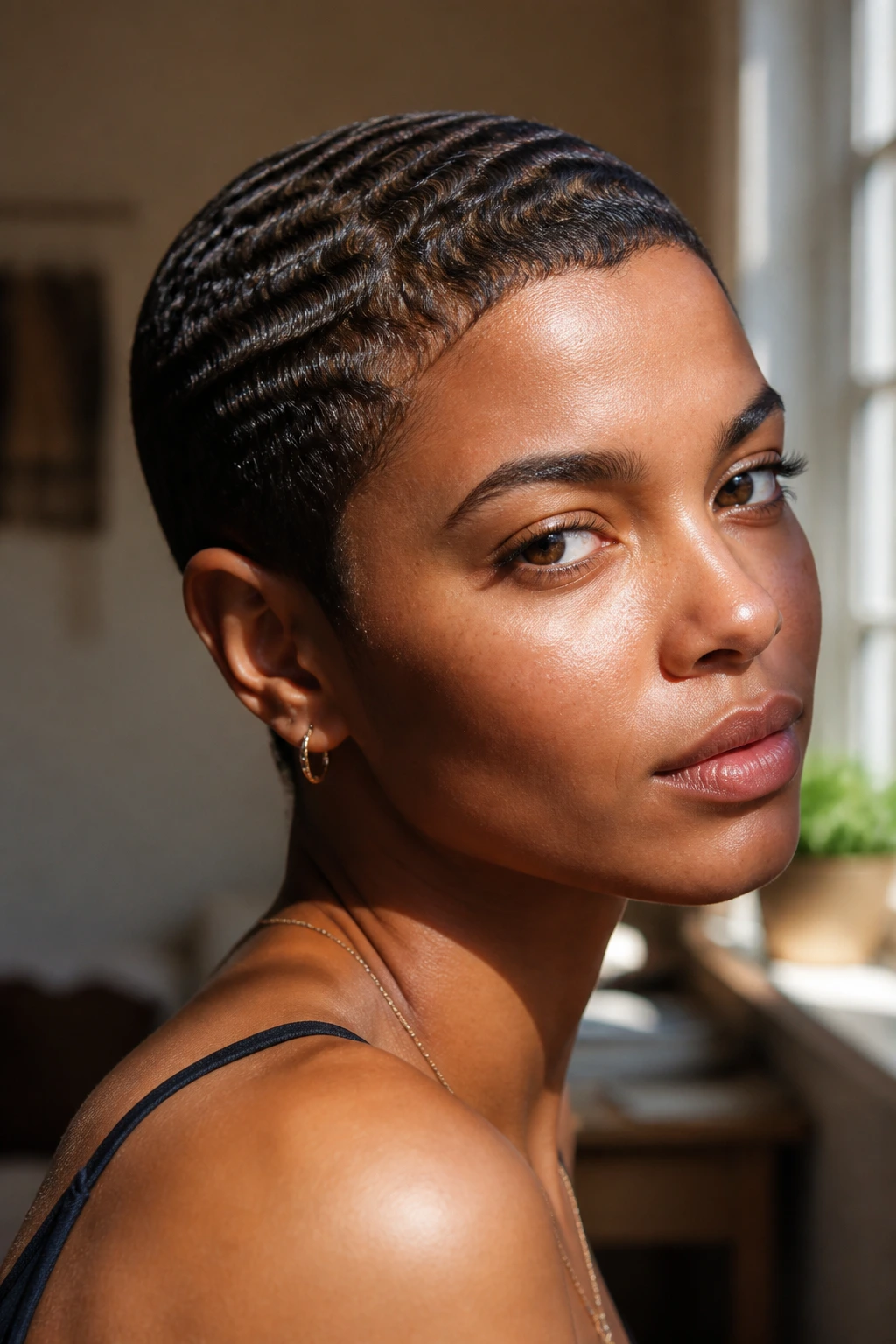 Close-up of real person with contour wave buzz on scalp
