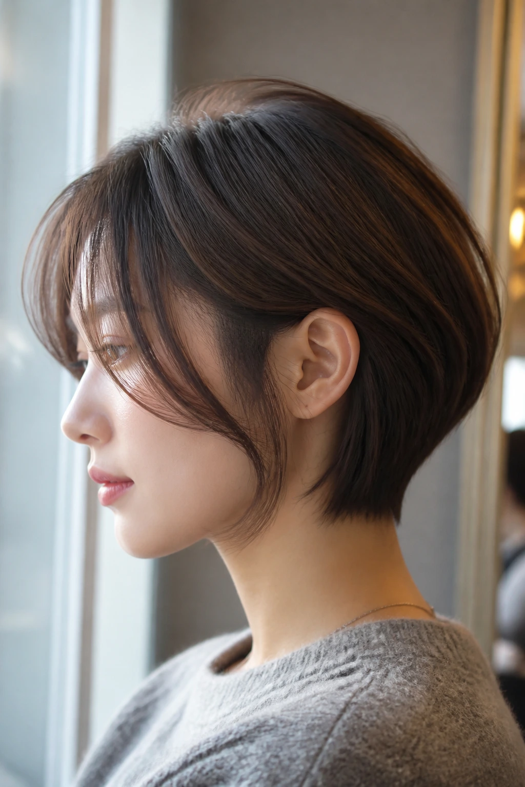 Side-profile of real person with cheek-grazing bangs and under-cut