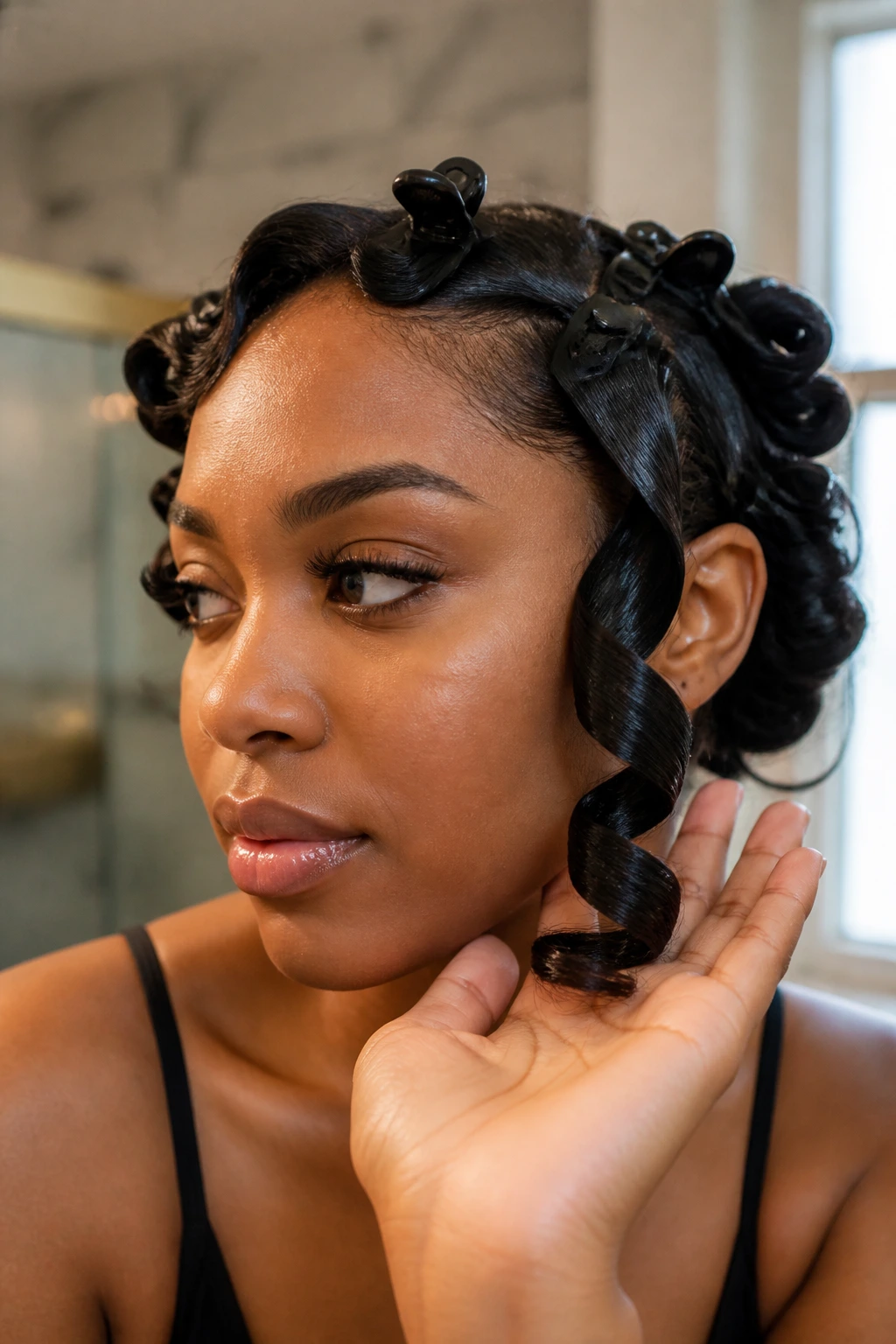 Close-up of a real woman cooling a freshly curled strand with her hand