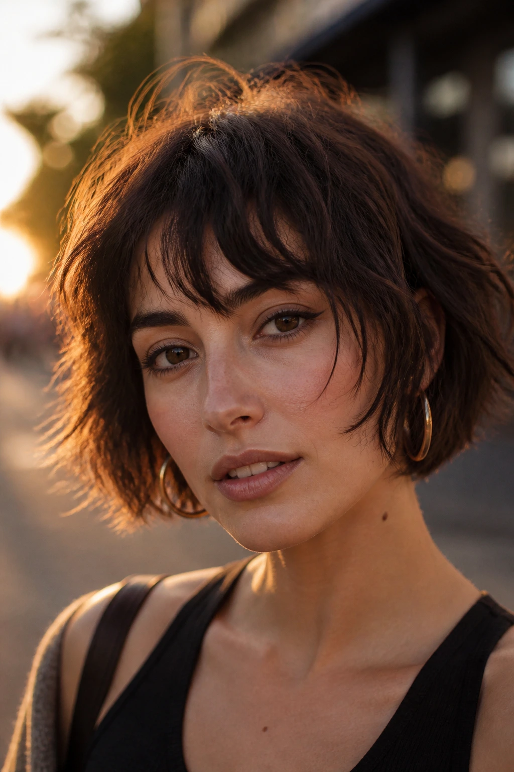 Real woman with cool girl textured fringe bob in golden hour light