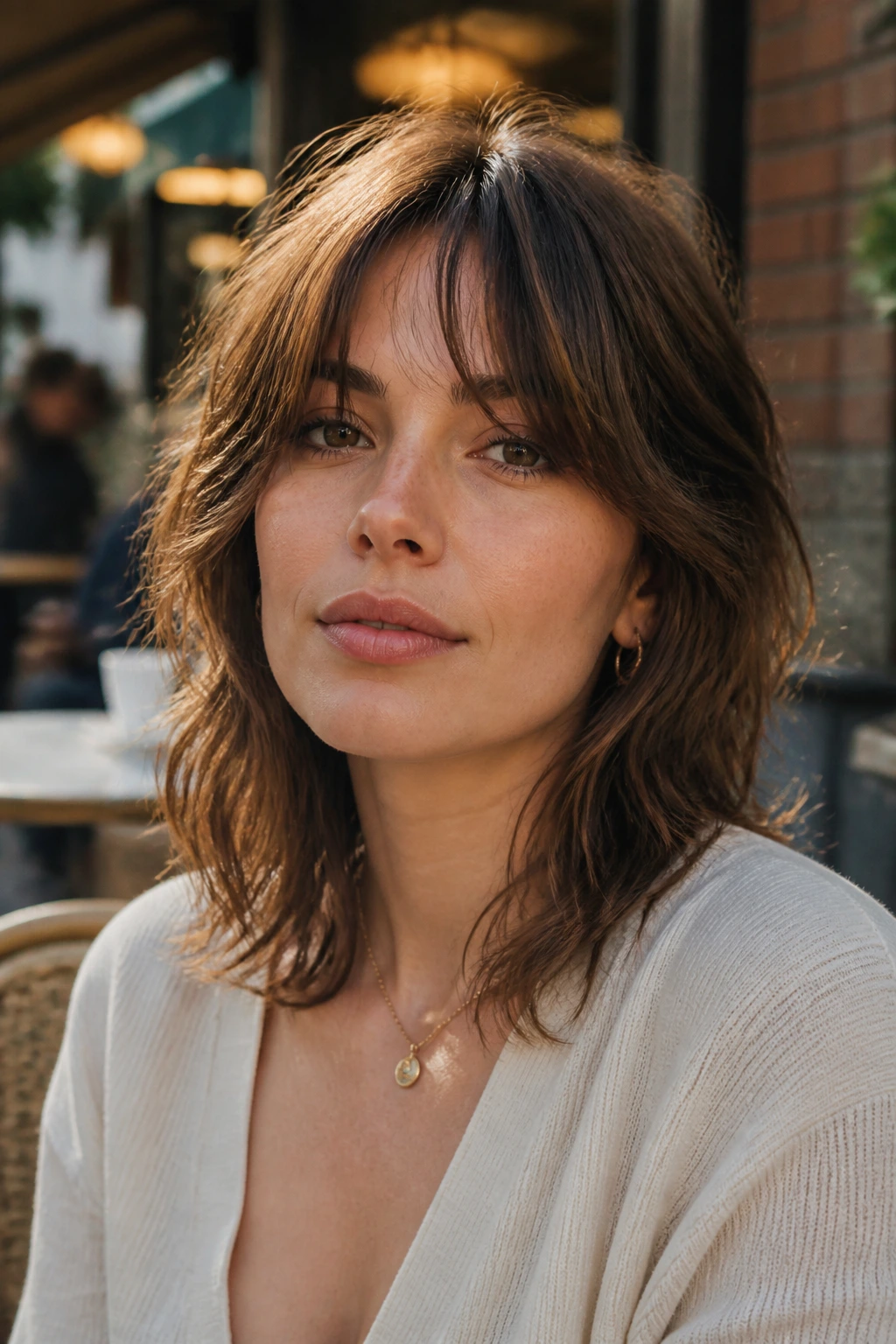 Close-up of a real woman with a collarbone-length shag and face-framing pieces.