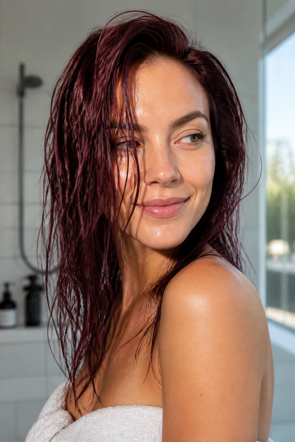 Portrait of a person with wine-toned hair damp from washing in a bright bathroom