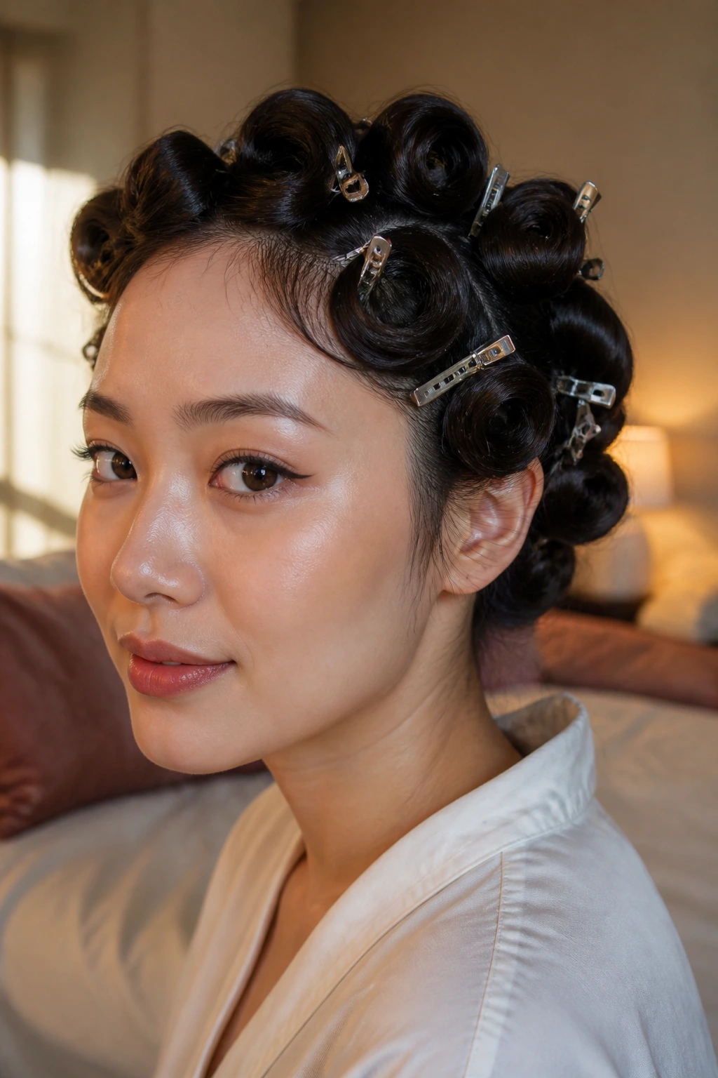 Close-up of cooling curls pinned to head on a real person