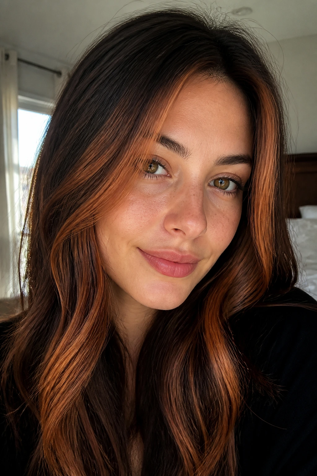 Real woman with delicate copper babylights around her face
