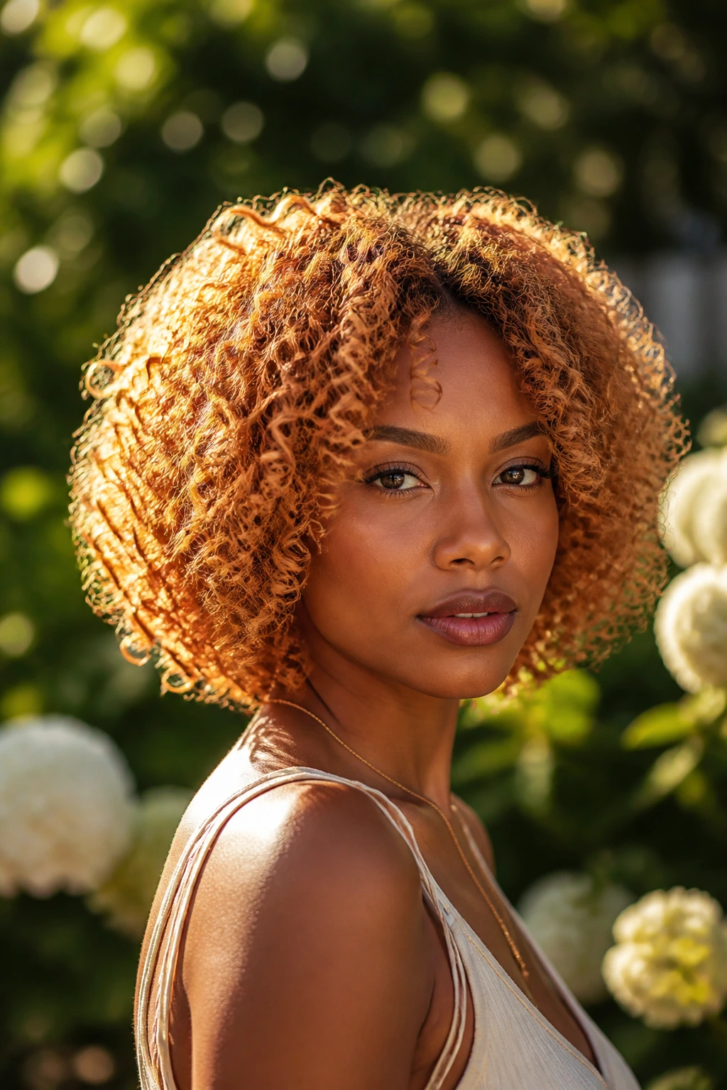 Copper-blonde curly bob on real person in sunny outdoor setting
