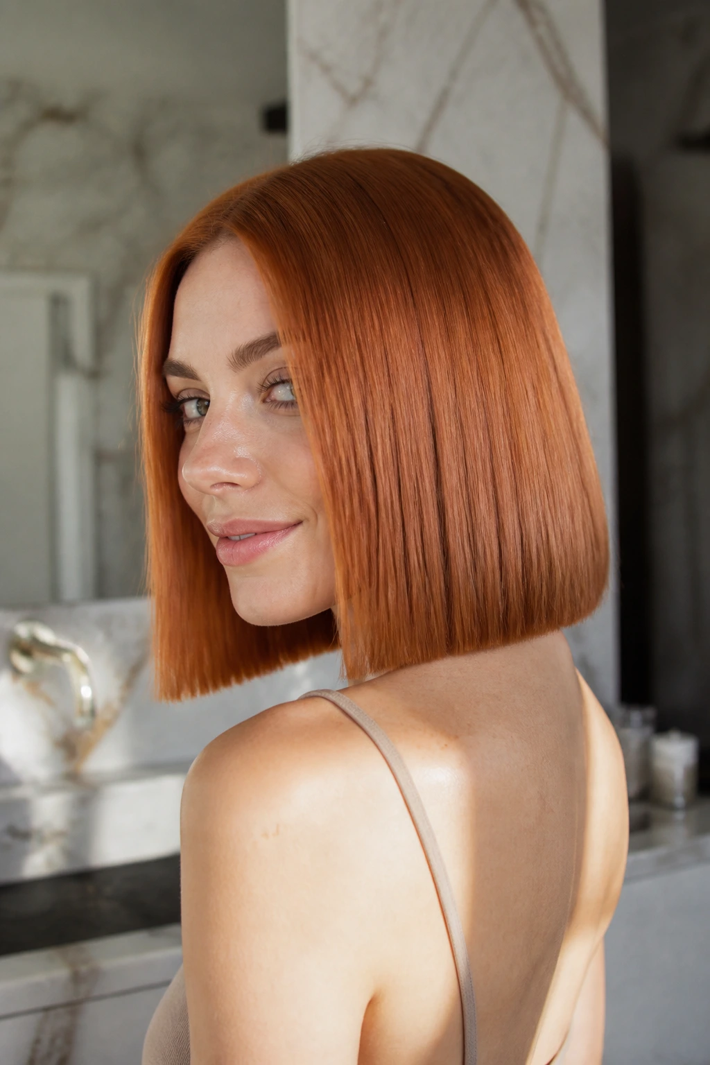 Close-up portrait of a real person with minimalist copper blunt cut