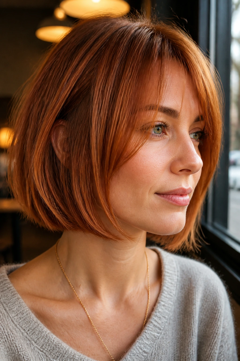 Portrait of a real woman with long face-framing bangs and copper bob by a cafe window