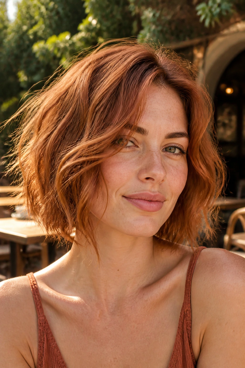 Close-up portrait of a real woman with a sun-kissed copper bob and beachy texture in natural light