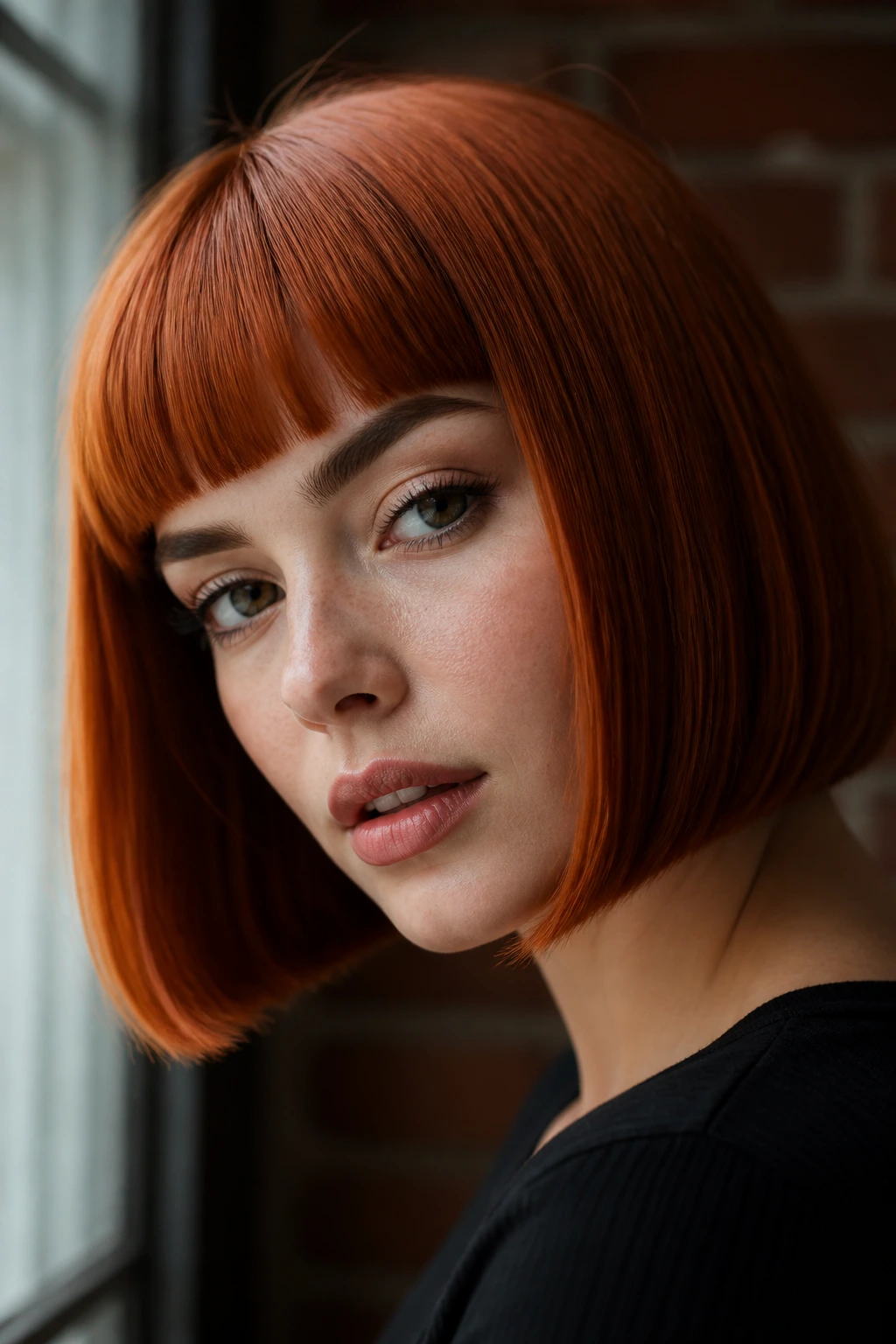 Close-up portrait of a real woman with copper bob and blunt bangs in moody urban light