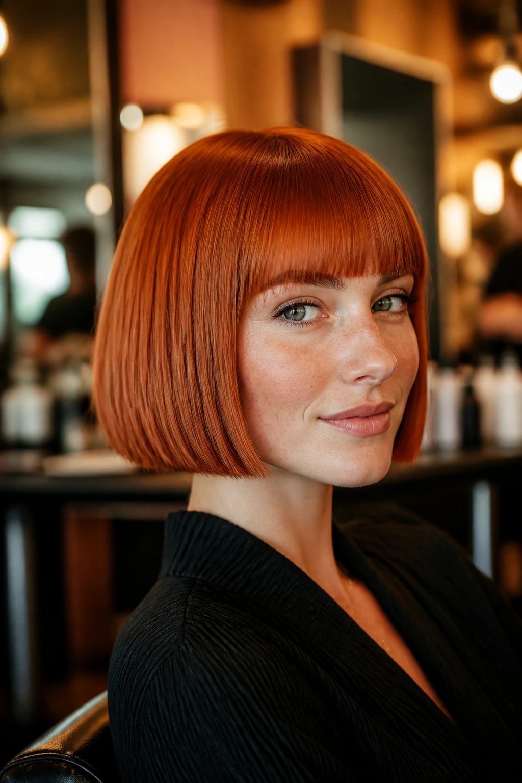 Close-up of a real woman with blunt copper chin-length bob and straight bangs in a warm salon.